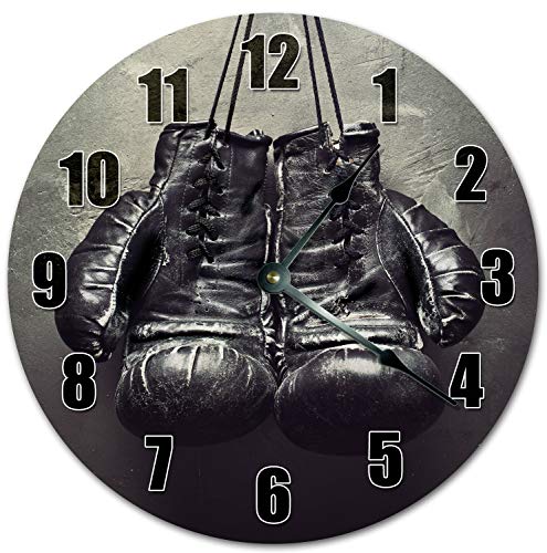 Reloj de pared redondo de 30,5 cm, funciona con pilas, con números árabes, guantes de boxeo antiguos, decoración del hogar