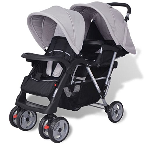 Silla Gemelar para Bebés Tandem Plegable, Carrito Gemelos Doble, Silla Carrito gemelar, con Cesta Grande y Ruedas Bloqueables,Adecuado para Niños de 6-36 Meses (Gris y Negro)