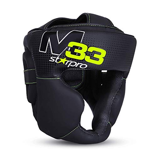 Starpro M33 Casco Boxeo | Cuero sintético Mate | Negro y Verde | Protección para la Cabeza y Las mejillas para Sparring en Boxeo Muay Thai Kickboxing Fighting & Training | Hombres y Mujeres