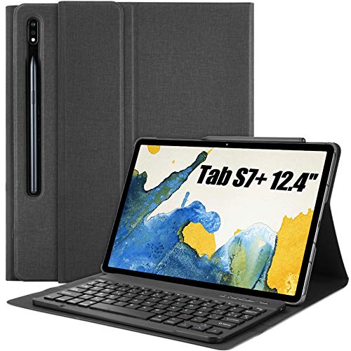 Teclado Funda para Samsung Galaxy Tab S7 Plus 12.4", QWERTY Ultra Slim Teclado con Magnético Desmontable Inalámbrico Bluetooth con Ranura para Lápiz(Incluye Letra Ñ) para 2020 S7+ T970 T975 T976