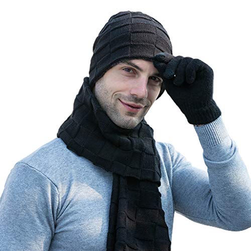Viesky Juego de 3 guantes de invierno para hombre de punto a cuadros lisos, bufanda larga, para pantalla táctil