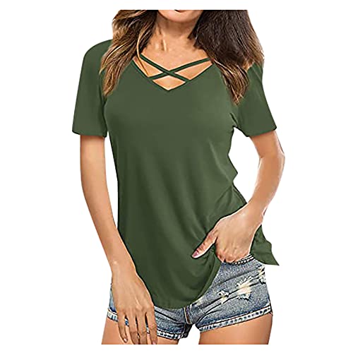 XOXSION Camiseta de verano para mujer, tops informales, monocolor, blusa cruzada frontal, cuello en V, manga corta, túnica A verde. XXL