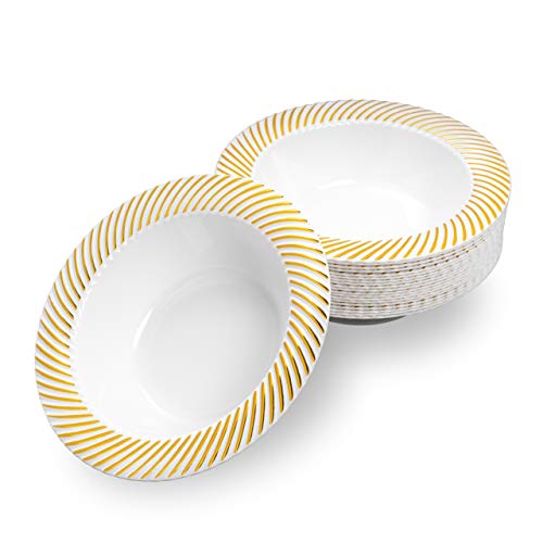 20 Cuencos de Plástico Blanco con Borde Dorado, 18cm - Platos Hondos, Bols de Sopa - Elegante, Resistente y Reutilizable.