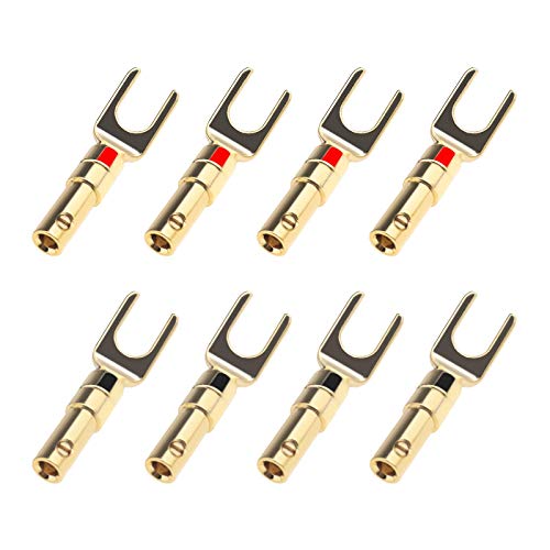 8 conectores en forma de U de horquilla y pala, 4 mm, cobre chapado en oro, conector plátano con tornillo para cable de transmisión de señal.