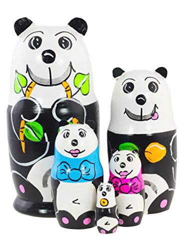 Azhna 5 piezas de 15 cm de la familia de panda, matrioska, decoración del hogar, colección de muñecas nidos pintadas a mano, muñeca rusa apilable de madera