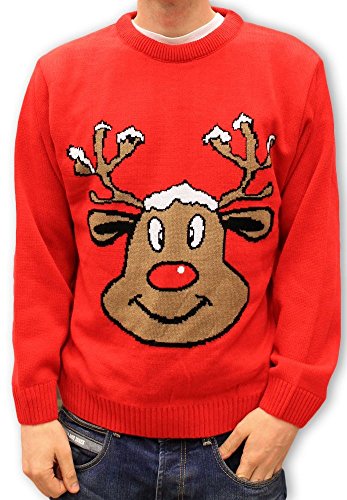 DenimBar.ie Christmas Jumper Retro Novelty - Smiling Reindeer Red - Unisex for Men & Women -Medium