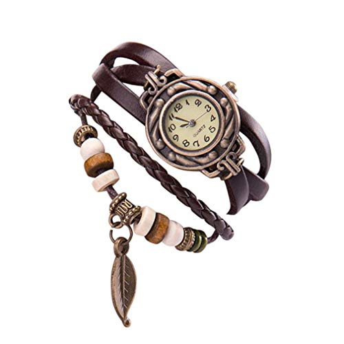 ITVIP Reloj de hoja tejida a mano pulsera de mujer de cuero vintage reloj de cuarzo Correa 20cm café