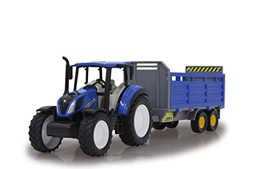 Jamara 460527 New Holland Tractor + Remolque de Ganado 1:32 con Licencia Oficial, diversión para los pequeños Agricultores, diseño detallado, Colgante Desmontable, Color Azul