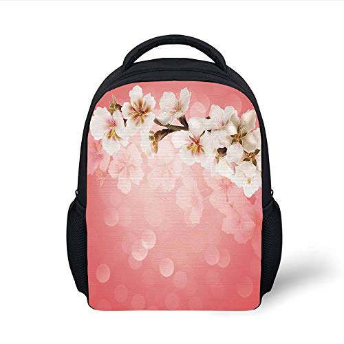 Kids School Backpack Coral,Blossoming Tree Branch Japanese Cherry Sakura Fresh Spring Garden Romantic,Coral Green White Plain Bookbag Travel Daypack