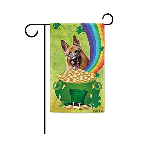 Kxxhvk Bandera del jardín del trébol del día de San Patricio Feliz con mi Perro del Amor del Pastor alemán Sombrero Verde del Arco Iris del Oro Impresión de la Bandera del Patio Ambos Lados