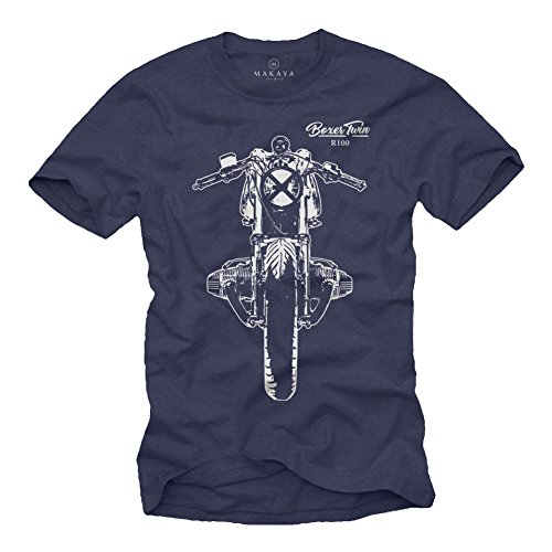 MAKAYA T-Shirt Cafe Racer - Boxer Twin R100 - Camiseta Moto Hombre Custom Motorcycle Azul L