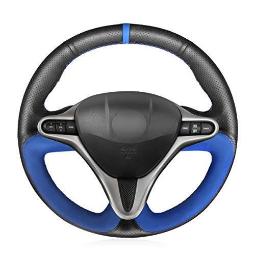 MEWANT Funda para volante de coche de piel auténtica negra y ante azul para Honda Civic 8 para Acura CSX (3 radios) accesorios para interior y automoción