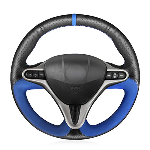MEWANT Funda para volante de coche de piel auténtica negra y ante azul para Honda Civic 8 para Acura CSX (3 radios) accesorios para interior y automoción MEWANT Funda para volante de coche de piel auténtica negra y ante azul para Honda Civic 8 para Acura CSX (3 radios) accesorios para interior y automoción