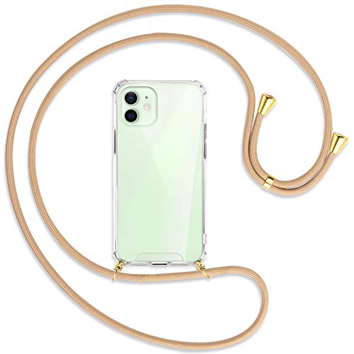 mtb more energy® Collar Smartphone para Apple iPhone 12, 12 Pro (6.1'') - Beige/Oro - Funda Protectora ponible - Carcasa Anti Shock con Cuerda Correa