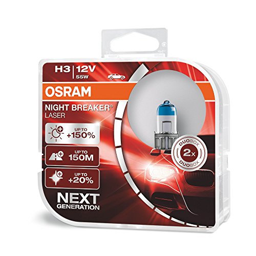 OSRAM NIGHT BREAKER LASER H3, Gen 2, +150% más luz, bombillas H3 para faros delanteros, 64151NL-HCB, 12V, duo box (2 lámparas)