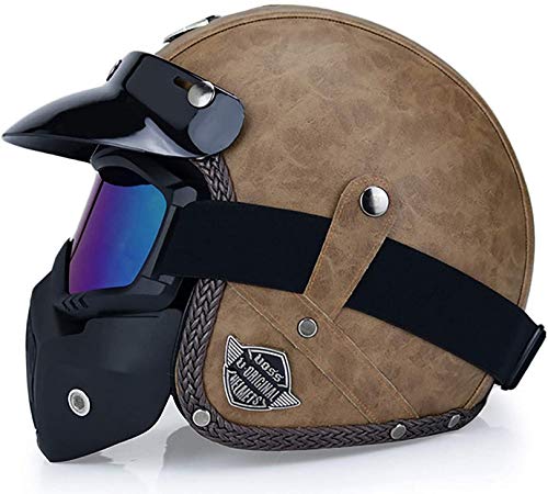 QDY Open Face Motorcycle Helmet,Adults Retro Half Helmet 3/4 Crash Helmet with Sun Visor,for Men Women Moped Scooter Street Motorbike Bobber Pilot Chopper Cruiser,Dot/ECE Approved E,M=55~56CM