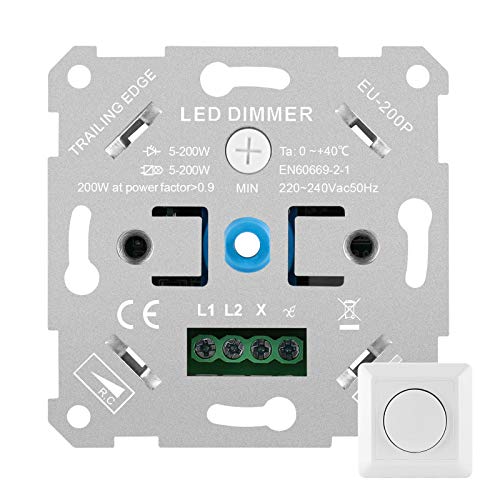 Regulador de intensidad LED Furado, regulador de intensidad de luz LED, interruptor giratorio empotrado, regulador universal para LED y halógenos de 5 a 200 W, color blanco