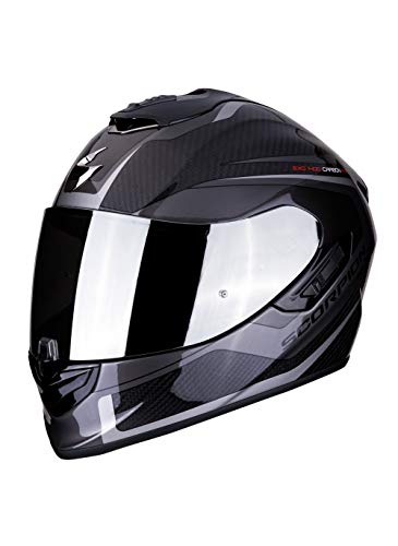 Scorpion - Casco integral EXO-1400 espirit negro gris de fibra de carbono para scooter moto con visera interna SpeedView solar retráctil, protección exterior TCT (L)