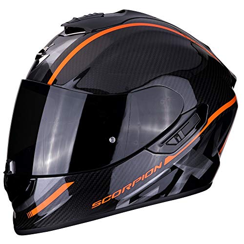 Scorpion - Casco integral EXO-1400 grand negro naranja de fibra de carbono para scooter moto con visera interna SpeedView solar retráctil, protección calota exterior TCT (L)