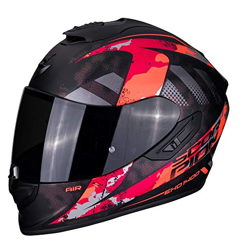 Scorpion - Casco integral EXO-1400 sylex negro mate rojo de fibra de vidrio para scooter moto con visera interna SpeedView solar retráctil, protección calota exterior TCT (XXL)