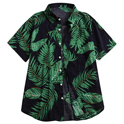 Skang Camisa Hawaiana para Hombre Original Suelto Funky Hojas Estampado con Botones Polos Blusa Tops Tallas Grande S-5XL