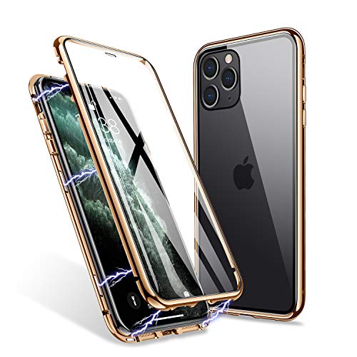 ZHIKE Funda iPhone 11 Pro, Estuche de Adsorción Magnético Frente y Parte Posterior de Vidrio Templado Cobertura de Pantalla Completa Diseño de una Pieza Cubierta con Tapa para Apple 11 Pro (Dorado)