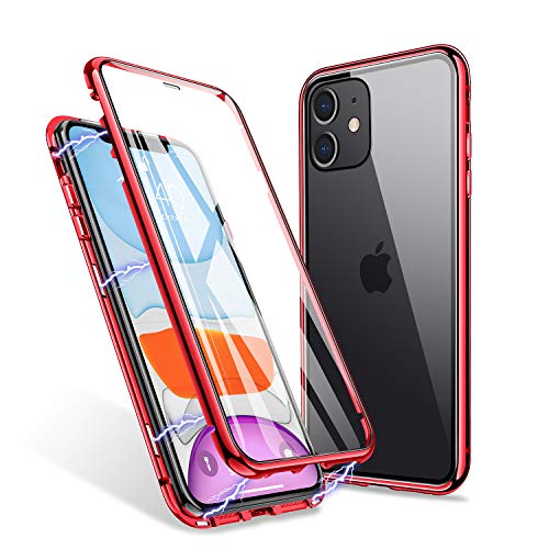 ZHIKE Funda para iPhone 11, Estuche de Adsorción Magnético Frente y Parte Posterior de Vidrio Templado Cobertura de Pantalla Completa Diseño de una Pieza Cubierta con Tapa para iPhone 11(Rojo Claro)