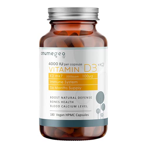 Anumegeo Vitamina D3 4000 UI + K2 MK7 100µg – Vitamina D Colecalciferol Estimula el Sistema Inmunológico y Contribuye a la Absorción de Calcio – 180 cápsulas Veganas HPMC, suministro para 6 meses.