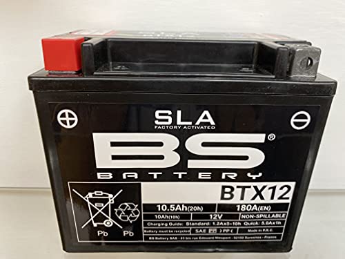 Batería para moto BS SLA BTX12 (YTX12-BS) – Lista para usar – 12 V 10 Ah – Dimensiones: 150 x 87 x 130 mm – Compatible con Kawasaki ER537 KW 500 1997 – 2001