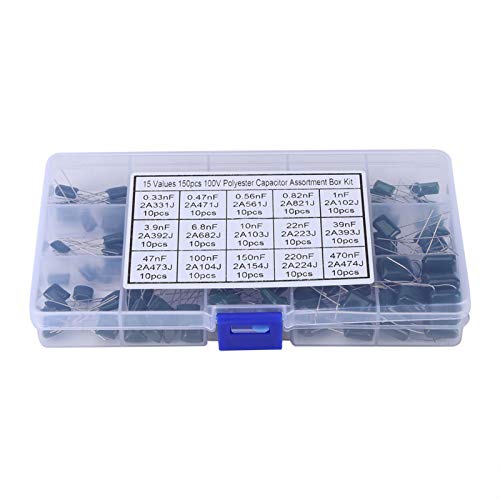 Caja de condensador de poliéster, 100 V 15 valor 0.33nF-470nF Kit de surtido de condensadores de película de poliéster Caja 150 piezas