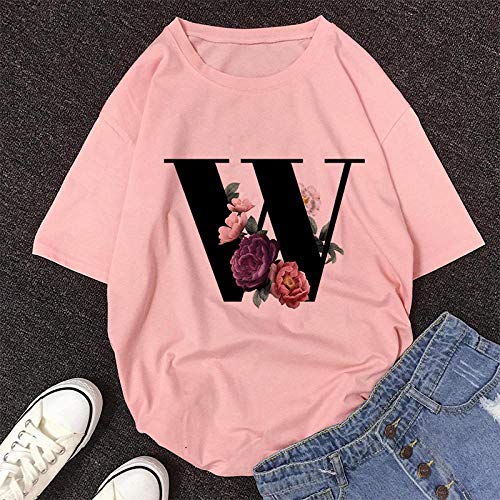 Camiseta para Mujer Camiseta con Estampado De Alfabeto Inglés Vogue Casual Rosa Tops Camiseta Mujer Verano Parejas Amantes Camiseta Femenina L 10646-Rosa