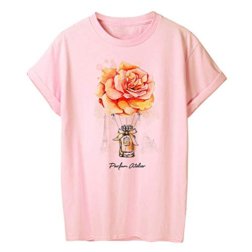Camiseta para Mujer Camiseta Mujer Verano Manga Corta Floral Flor Moda Señora Tops Rosa Camiseta Mujer Mujer Camiseta XL 13765-Rosa