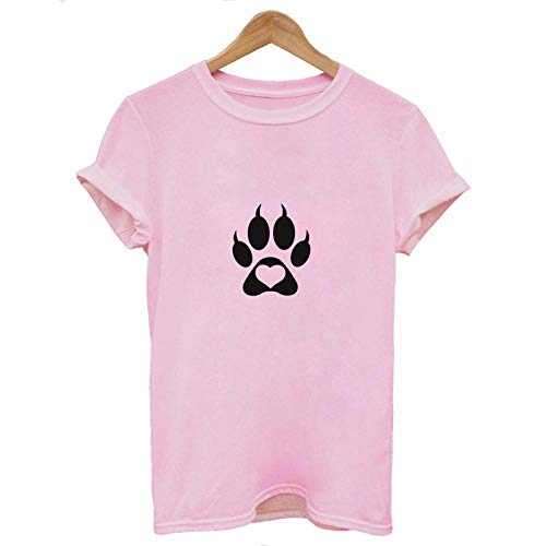 Camiseta para Mujer Summer Casual Vintage Tshirt New Claw Cute Love Dog Paw Print Camiseta Mujer Moda Top Camiseta Mujer Camiseta L 4894-Rosa
