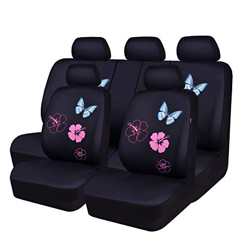 CAR PASS Fundas universales para asientos de coche, diseño de flores y mariposas, compatibles con airbag (11 unidades, color negro y rosa)