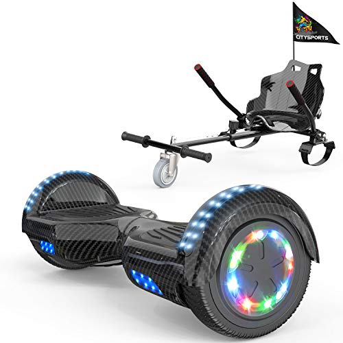 COLORWAY Hoverboard Hover Scooter Board 6,5" con Asiento Kart con Ruedas de Flash LED, Patinete Eléctrico Altavoz Bluetooth y LED, Autoequilibrio de Scooter Eléctrico (Carbon-Carbon)