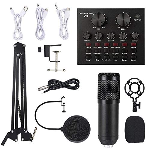 Cuasting BM800 Kit de micrófono con tarjeta de sonido V8 Micrófono profesional Estudio Micrófono de condensador para computadora (negro)