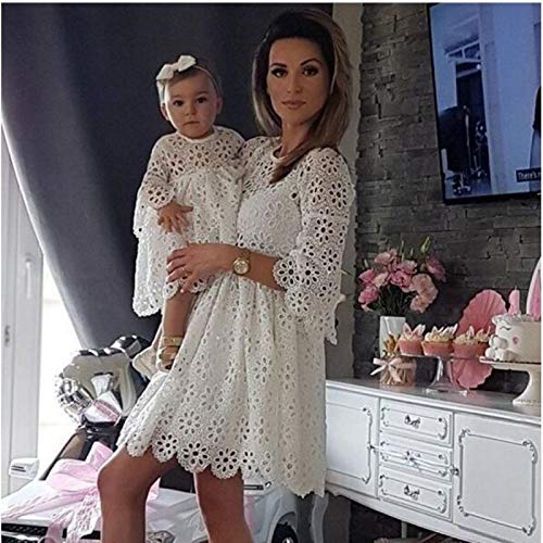 CWENROU Vestido De Madre E Hija - Moda Primavera Y Verano Familia A Juego Ropa Madre Hija Vestido Mujeres Vestido Floral Encaje Bebé Mini Vestido Mamá Bebé Niña Fiesta Vestido Casual Blanco, Mamá S