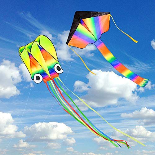 Funyole Cometas 2 Pack, Cometa de Pulpo Grande de 4M y Cometa Delta Arcoíris con Cola Larga y Colorida para Niños y Adultos, Juegos al Aire Libre, Actividades, Viaje a La Playa, Vuelo Fácil