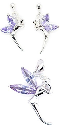 Kala-isbijoux Cristal - Colgante y pendientes de plata fina 925/1000 rodiada con óxido de circonio, diseño de Campanilla de Peter Pan, color morado