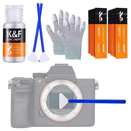 K&F Concept-Kit de Limpieza Sensor Full Frame 24mm (16 Bastones/Envasados al Vacío)/ 20ml Limpiador Líquido/Guantes Antiestáticos, Cleaning Kit Camara Mirrorless para Objetivos/Canon/Sony/Nikon