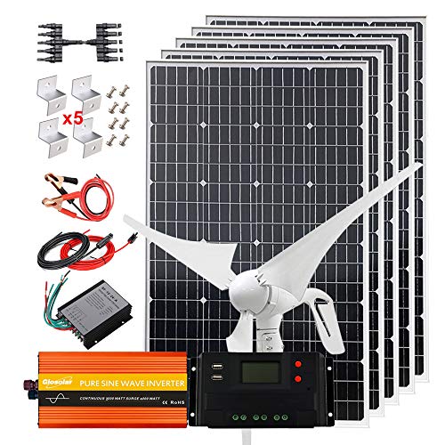 Kit de energía eólica solar de 900W, sistema completo de 12V con inversor de 2000W: generador de turbina de viento de 400W+5 paneles solares mono de 100W de alta eficiencia+controlador+ cable+soporte