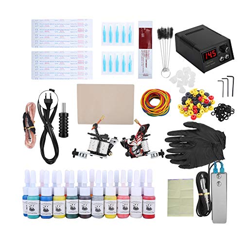 Kit de tatuaje completo para tatuaje, kit de tatuaje profesional de 70 piezas, ametralladoras para tatuaje de 2 piezas, 20 tintas, fuente de alimentación, pedal de pie, agujas, pinzas(UE)