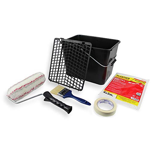 KIT Pintor Profesional: Rodillo 22cm + Cubeta 14L con Rejilla + Brocha + Plástico Cubretodo 20m² + Cinta de pintor KIT Pintor Profesional: Rodillo 22cm + Cubeta 14L con Rejilla + Brocha + Plástico Cubretodo 20m² + Cinta de pintor