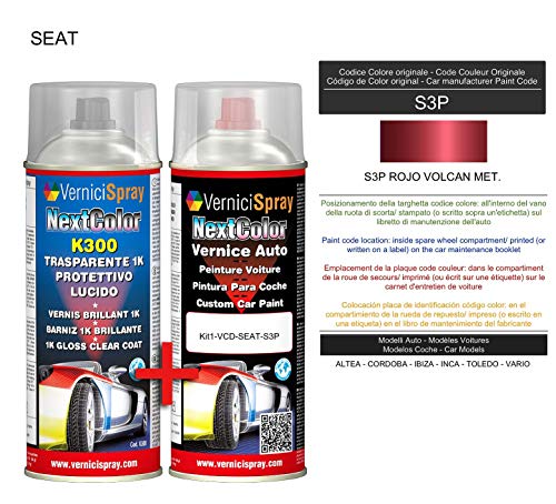 Kit Spray Pintura Coche Aerosol S3P ROJO VOLCAN MET. - Kit de retoque de pintura carrocería en spray 400 ml producido por VerniciSpray