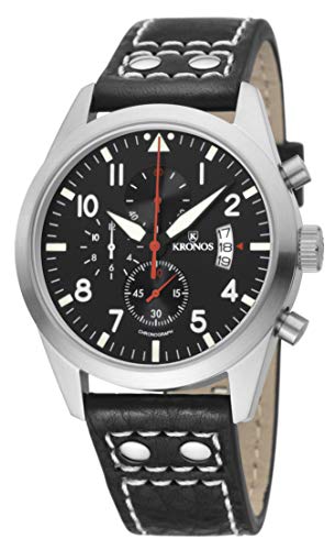 KRONOS - Pilot Sport Chronograph Black&Red 948.55R - Reloj de Caballero de Cuarzo, Correa de Piel Negra, Color Esfera: Negra