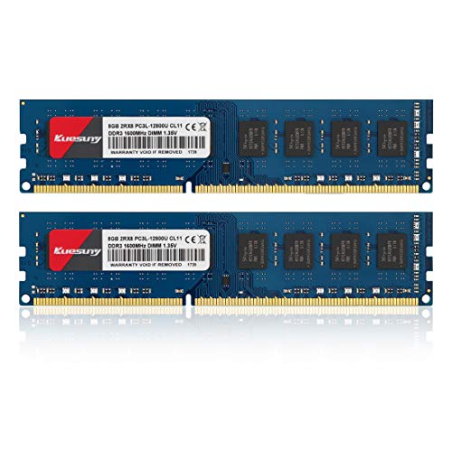 Kuesuny 16GB Kit (2x8GB) DDR3 PC3-12800U 1600MHZ PC3L-12800 DDR3L 1600 UDIMM 1.35V/1.5V 240Pin Non-ECC Unbuffered 2RX8 CL11 Dual Rank Desktop Memory RAM