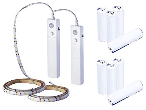 LEDLUX 2 6V 2.4W Kit de tira de luces LED con sensor de movimiento IP65 1 metro 30 SMD 2835 Para armario Armario Escaleras Pasillo Cocina ect - 8 pilas AAA incluidas (Blanco neutro 4000K)