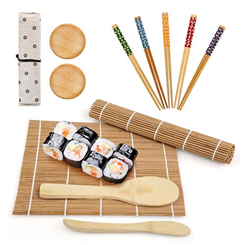 LinStyle Kit Sushi, Kit para Hacer Sushi de Bambú 12 Piezas, Sushi Maker Incluye 2 Esterillas, 5 Palillos, 2 Plato Pequeño, 1 Paleta de Arroz, 1 Esparcidor de Arroz, 1 Bolsa para Palillos