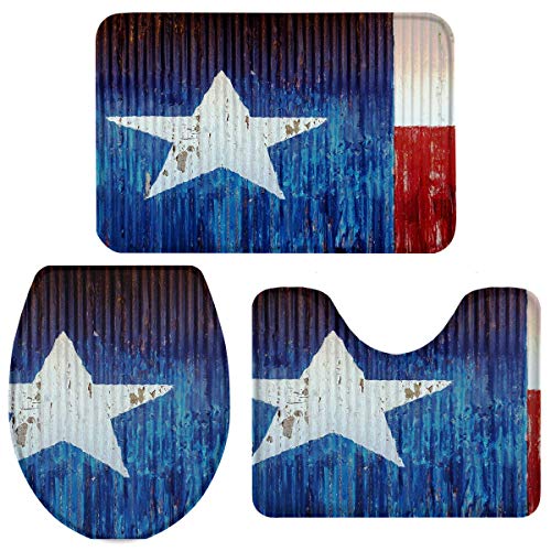 Mesllings - Juego de 3 alfombras y alfombrillas de baño, diseño de la bandera de Texas, antideslizante, suave, tapacubos, en forma de U, textura de hierro rústico, 50 x 80 cm