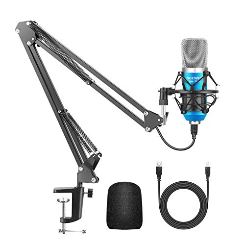Neewer Micrófono Condensador Estudio Pro NW-7000 y Brazo Tijera de Suspensión Ajustable con Montura Contra Choque,Cable USB y Abrazadera de Montaje Mesa Kit para Sonidos(azul)